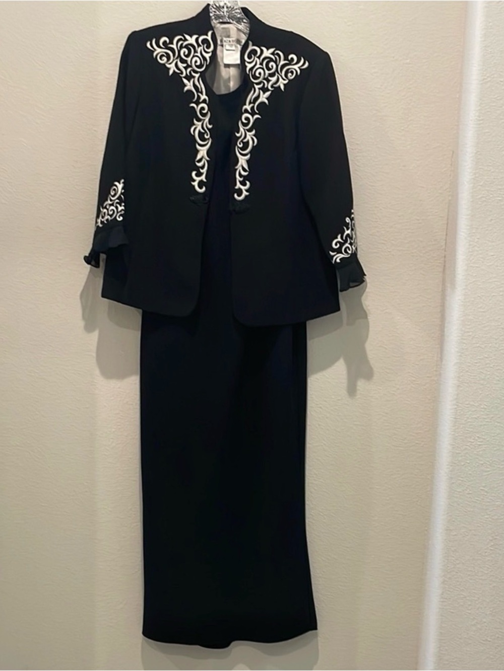 Black Maxi Skirt Set with White Embroidered Jacket